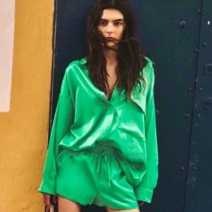 NWT Zara Satin Effect Oversized Shirt Jacket Shacket green